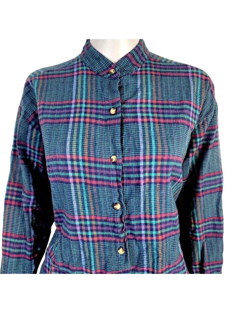 Vintage 90s Plaid Flannel Shirt Women Large Colorful Button Collar Shirt Winter